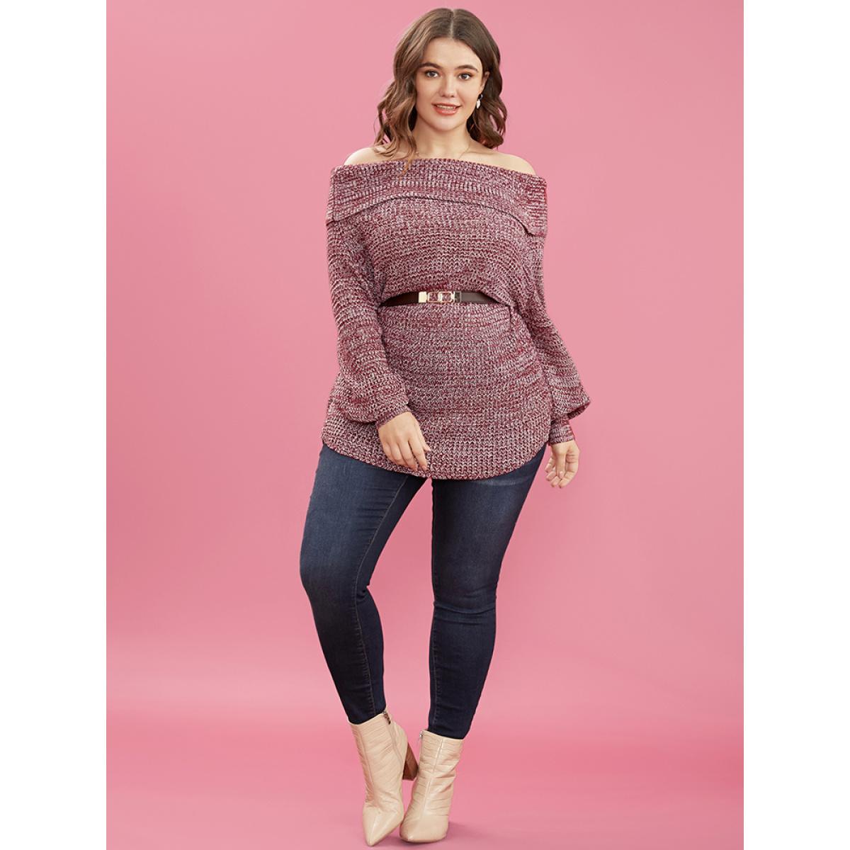 Plus Size Solid Pointelle Knit Off Shoulder Arc Hem Heather Knit Top Russet Women Elegant Loose Long Sleeve One-shoulder neck Dailywear Pullovers BloomChic 10/M Product Image