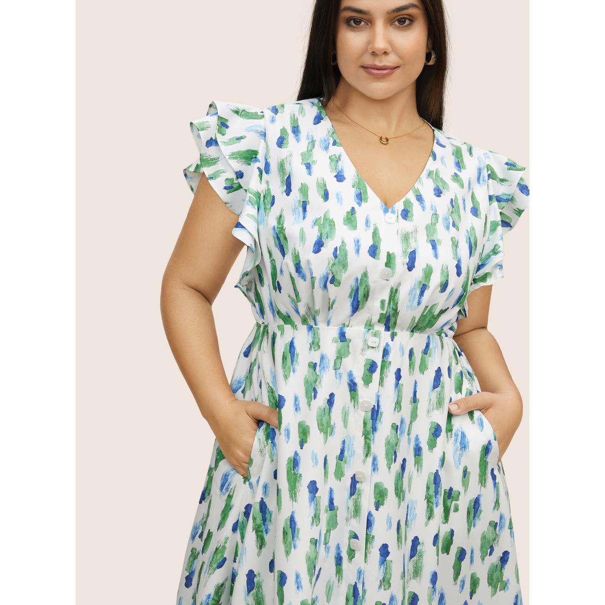 Plus Size Allover Print Tiered Ruffle Cap Sleeve Dress White Women At the Office Button V-neck Cap Sleeve Curvy BloomChic 22-24/3X Product Image