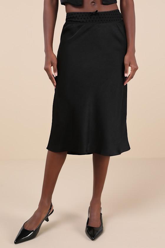 Mira Black Satin Mesh Polka Dot Midi Skirt Product Image