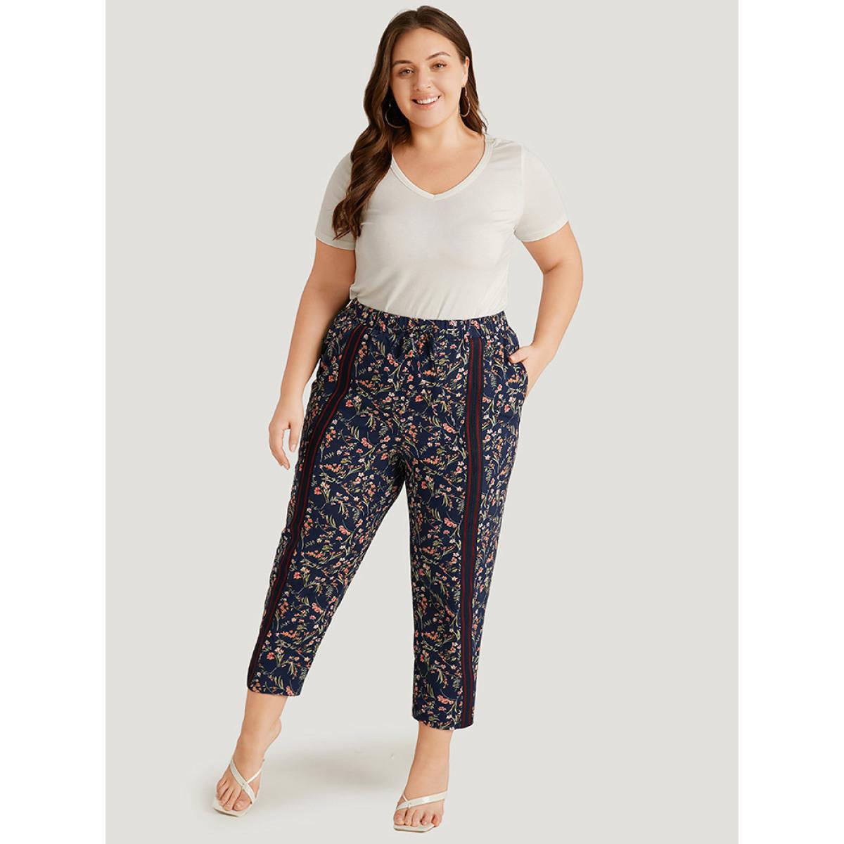 Plus Size Ditsy Floral Pocket Elastic Waist Ties Patchwork Pants Women Indigo Elegant High Rise Dailywear Pants BloomChic 30/6X Product Image