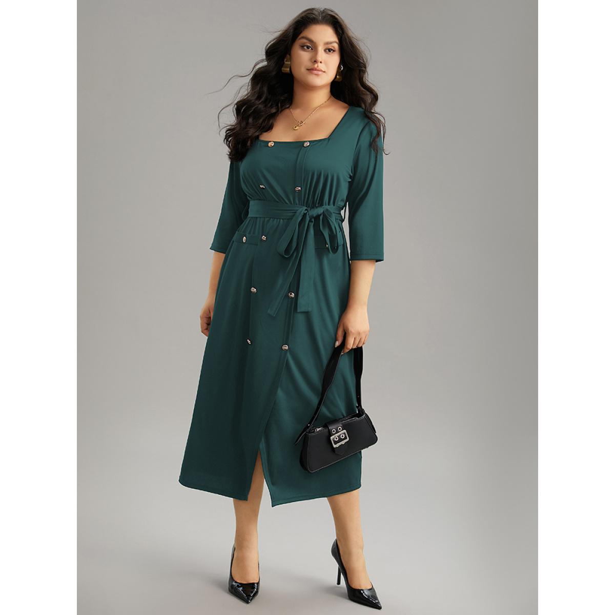Plus Size Square Neck Metal Detail Belted Gathered Dress Cyan Women Office Plain Square Neck Elbow-length sleeve Curvy Midi Dress BloomChic 30/6X Product Image