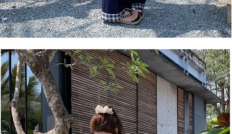 Maternity Set: Sleeveless Round Neck Plaid Peplum Top + Drawstring Waist Panel Wide Leg Pants Product Image