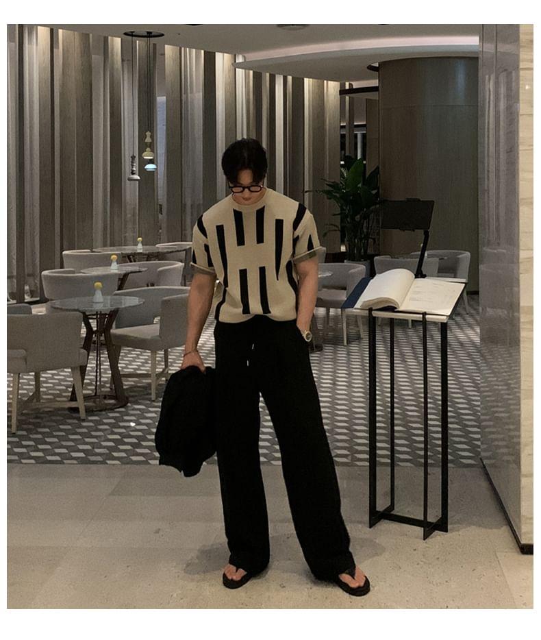 Short-Sleeve Crewneck Two Tone Knit Top Product Image