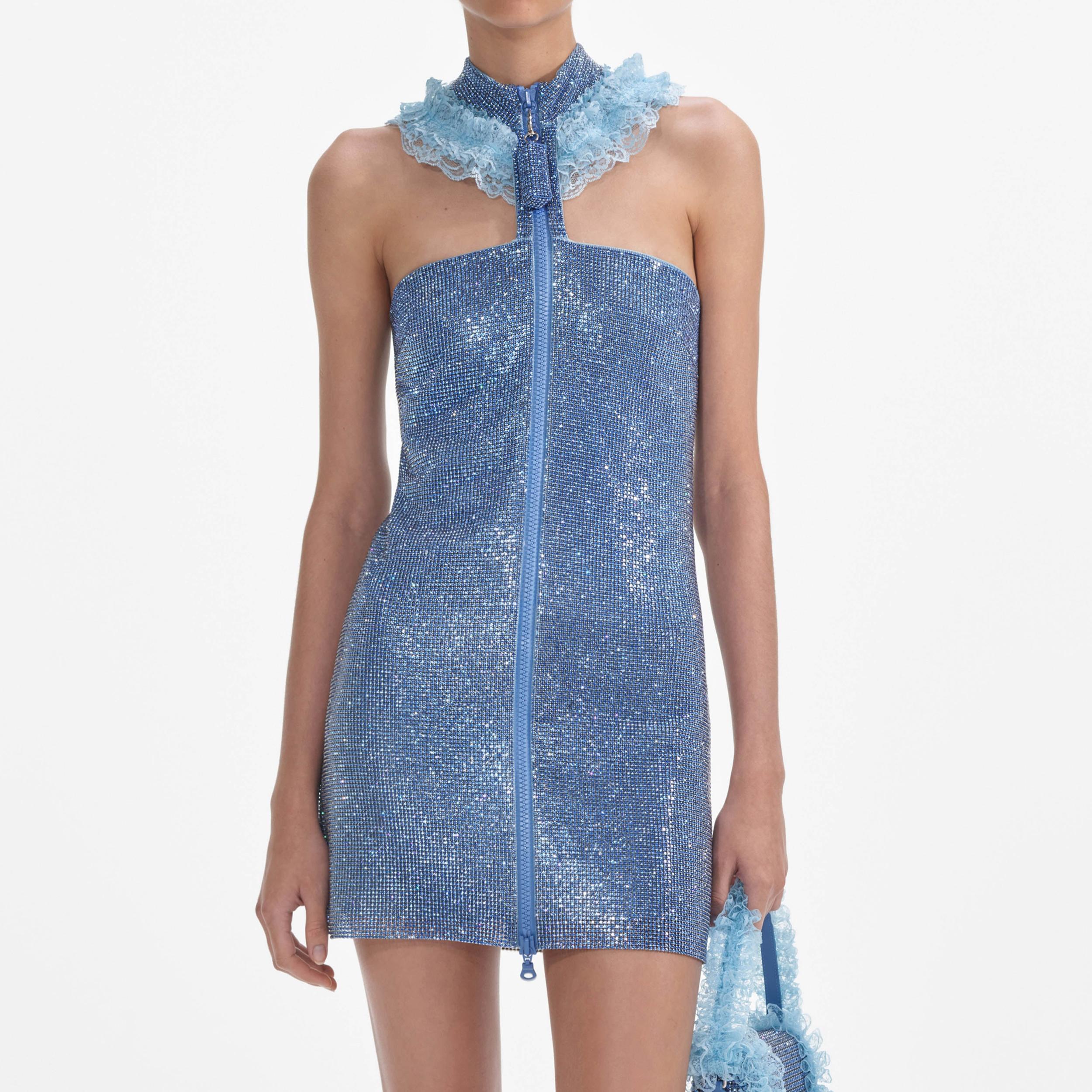 Blue Crystal Chainmail Zip Mini Dress Product Image