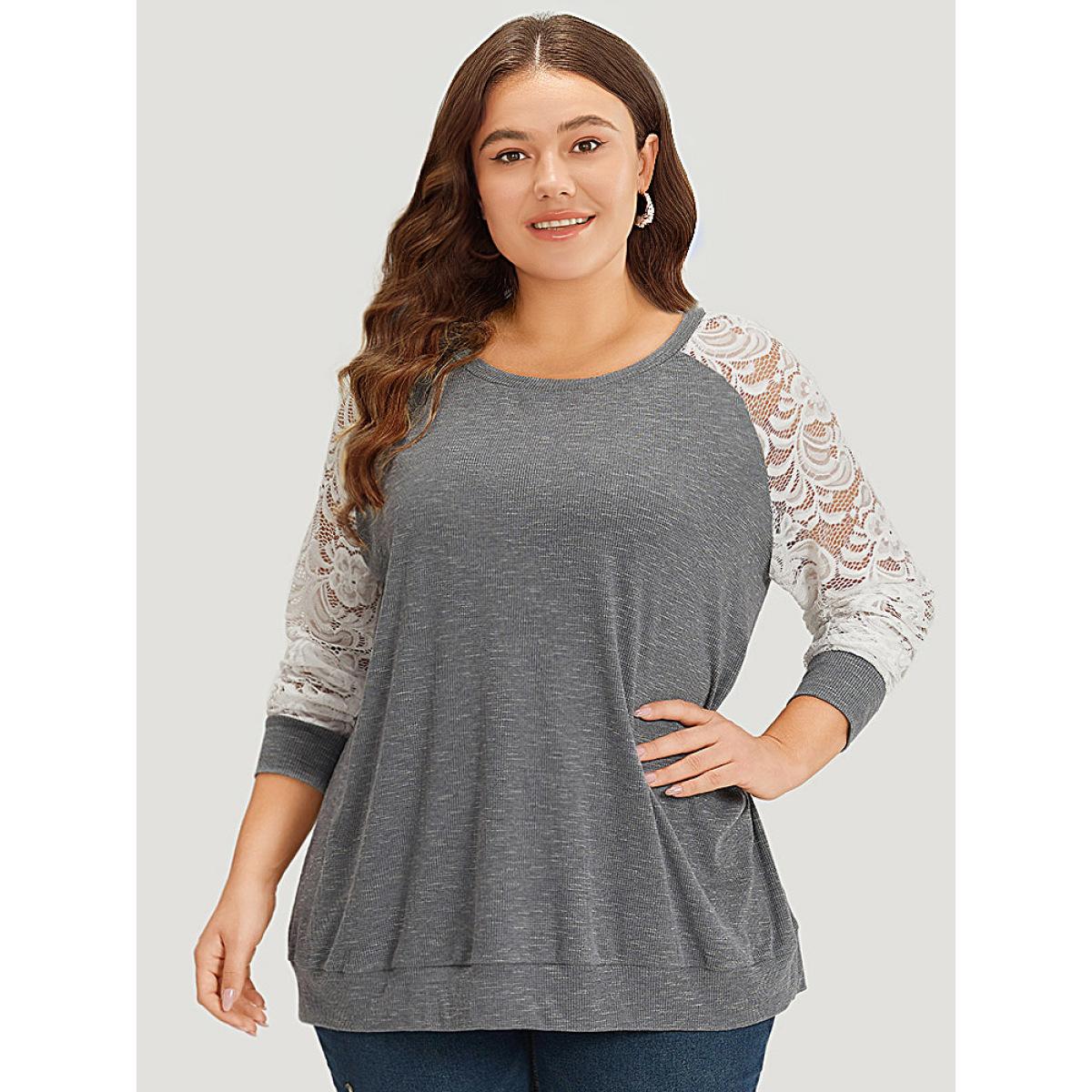 Plus Size Lace Panel Raglan Sleeve Elastic Cuffs Sweatshirt Women Gray Elegant Elastic cuffs Round Neck Dailywear Sweatshirts BloomChic 22-24/3X Product Image