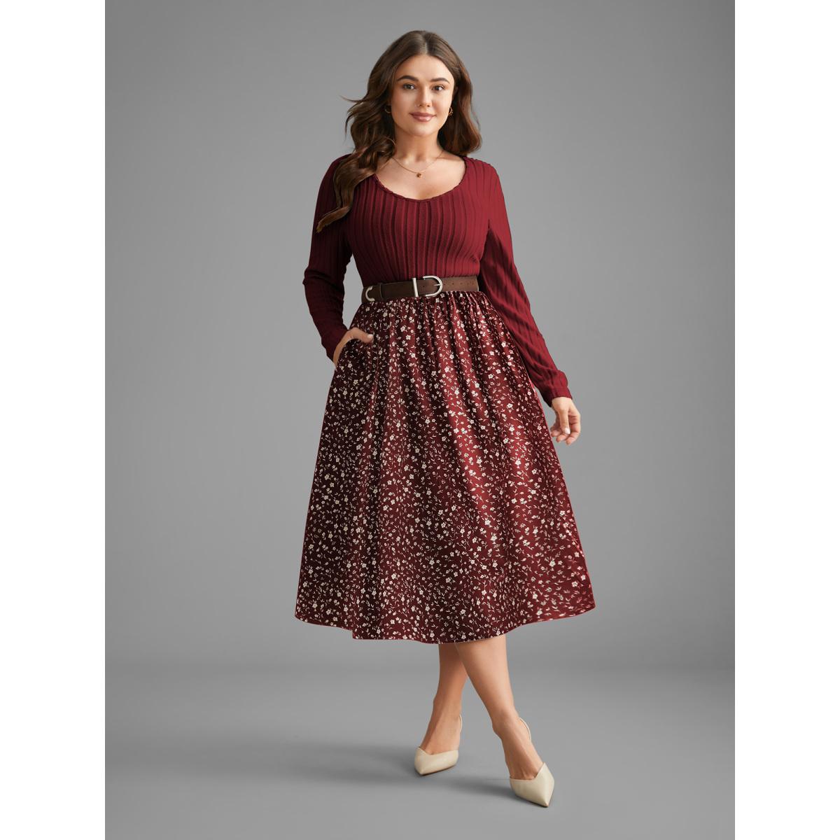 Plus Size Ditsy Floral Patchwork Texture Midi Dress Burgundy Women Elegant Texture V-neck Long Sleeve Curvy BloomChic 10/M Product Image