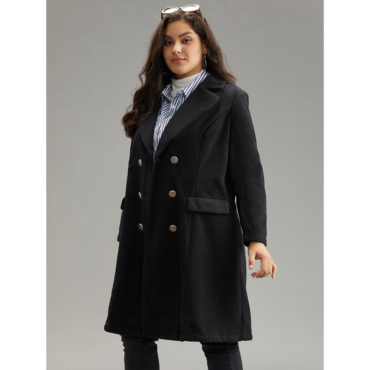Plus Size Lapel Collar Double Breasted Pocket Coat Women Black Casual Plain Ladies Dailywear Winter Coats BloomChic 18-20/2X Product Image