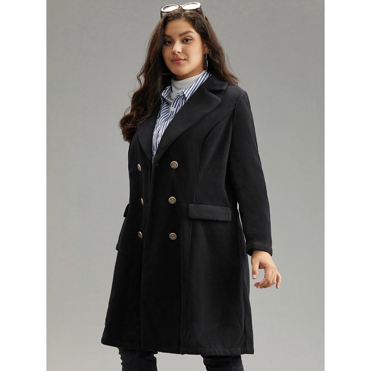 Plus Size Lapel Collar Double Breasted Pocket Coat Women Black Casual Plain Ladies Dailywear Winter Coats BloomChic 18-20/2X Product Image