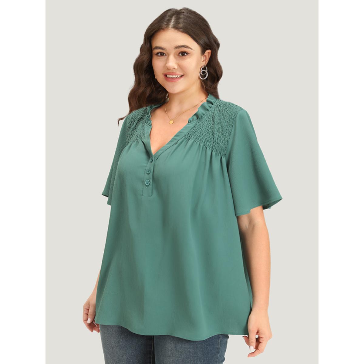 Plus Size Aegean Plain Shirred Button Through Frill Trim Stand Collar Blouse Women Elegant Short sleeve V-neck Dailywear Blouses BloomChic 12/L Product Image