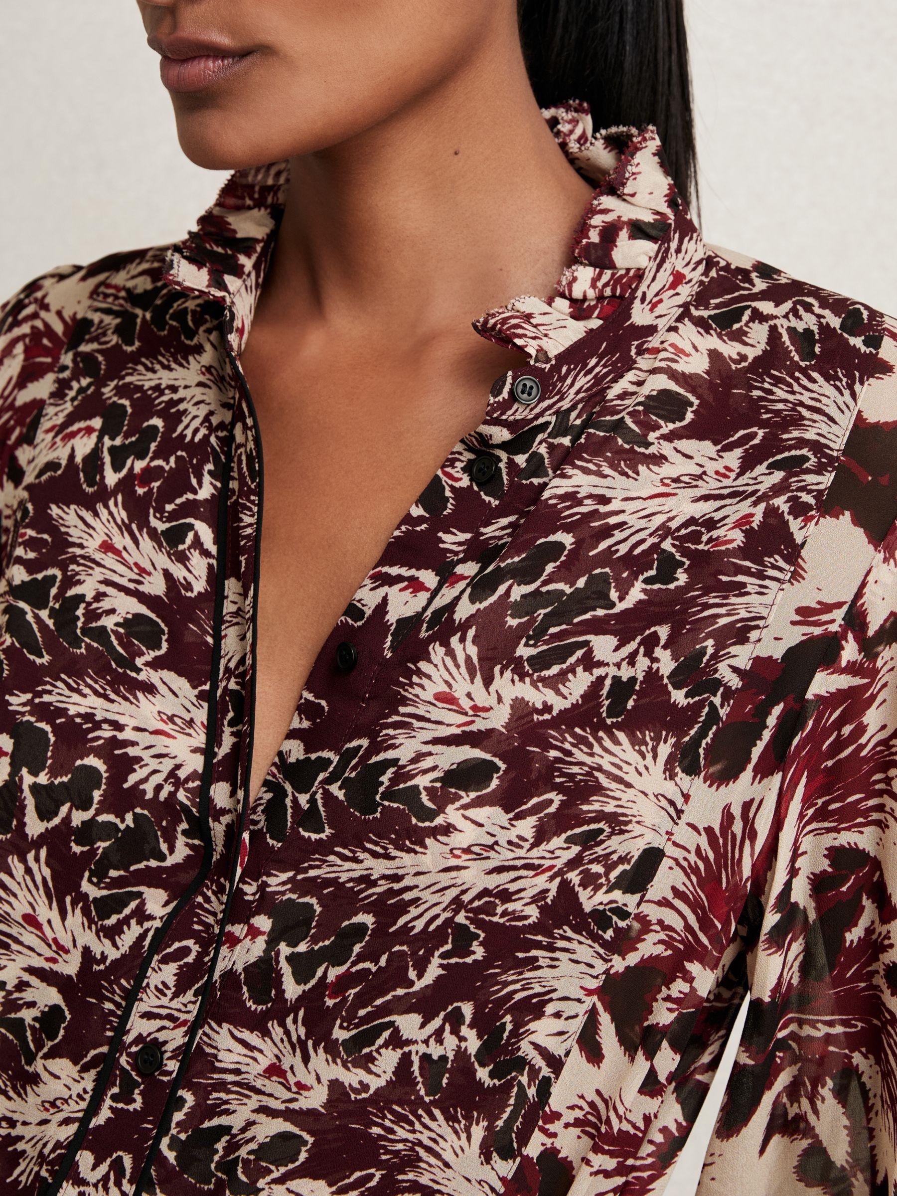 Abstract-Print Ruffle-Neck Shirt in Burgundy/Cream Product Image