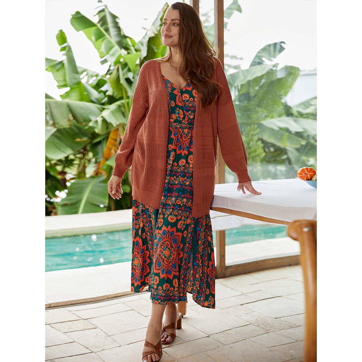 Plus Size Plain Open Front Lantern Sleeve Cardigan Chocolate Women Casual Loose Long Sleeve Everyday Cardigans BloomChic 14-16/1X Product Image