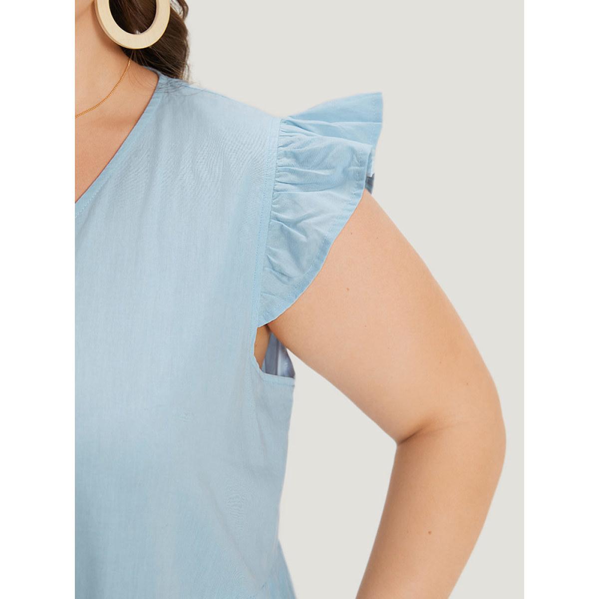 Plus Size Plain Button Through Ruffle Layered Hem Cap Sleeve Dress LightBlue Women Vacation Button V-neck Cap Sleeve Curvy Knee Dress BloomChic 18-20/2X Product Image