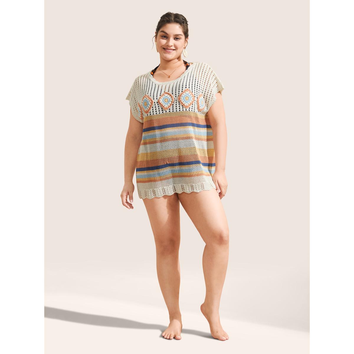 Plus Size Contrast Striped Crochet Cut Out Swim Cover Up Women's Swimwear Ivory Beach Crochet Curve Swim Cover Ups BloomChic 26/4X Product Image