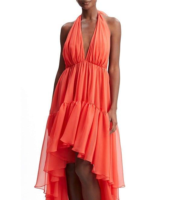 Bardot Leona Halter V-Neck Sleeveless Ruffle High-Low Hem A-Line Maxi Dress Product Image