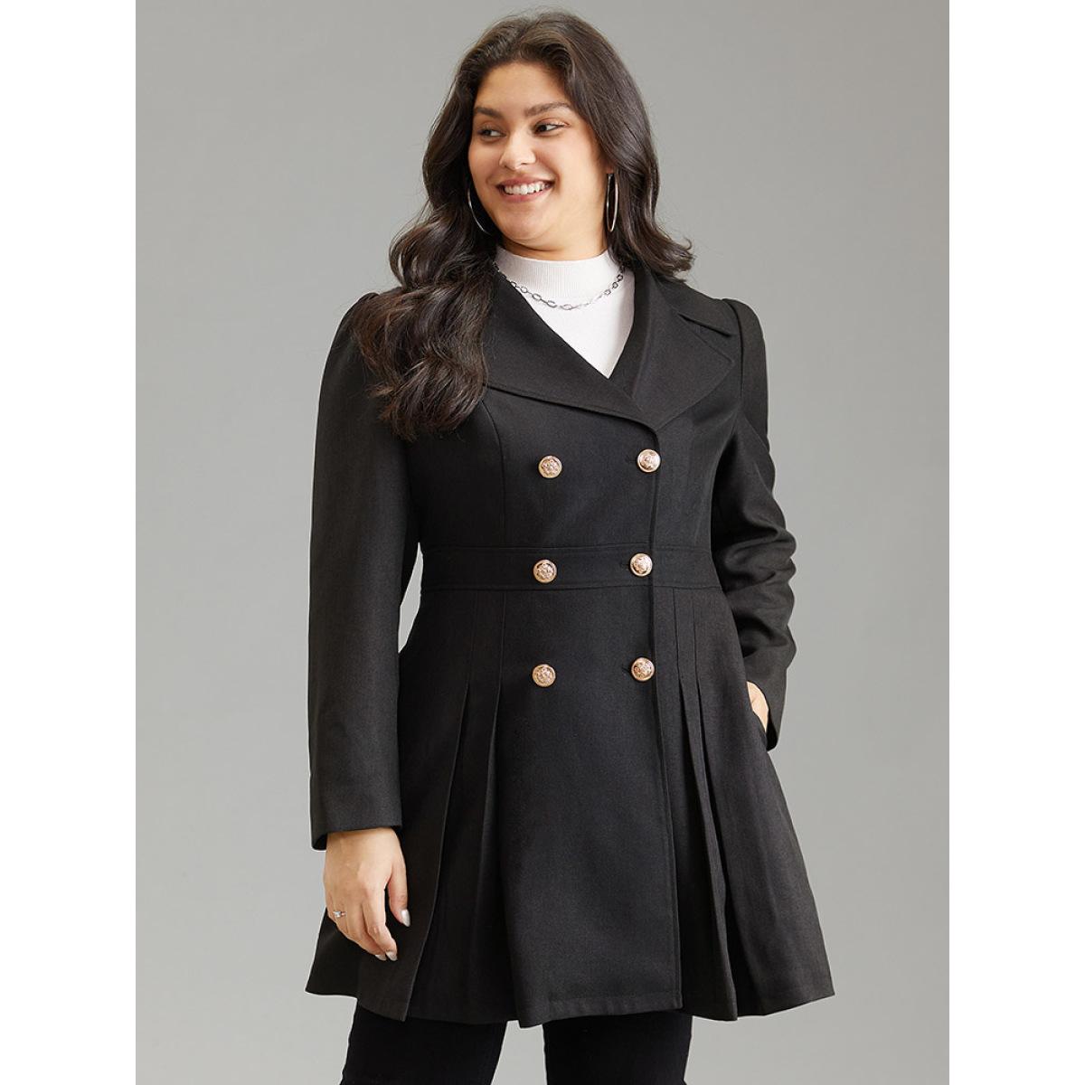 Plus Size Double Breasted Lapel Collar Plicated Detail Coat Women Black Elegant Lined Ladies Dailywear Winter Coats BloomChic 28/5X Product Image