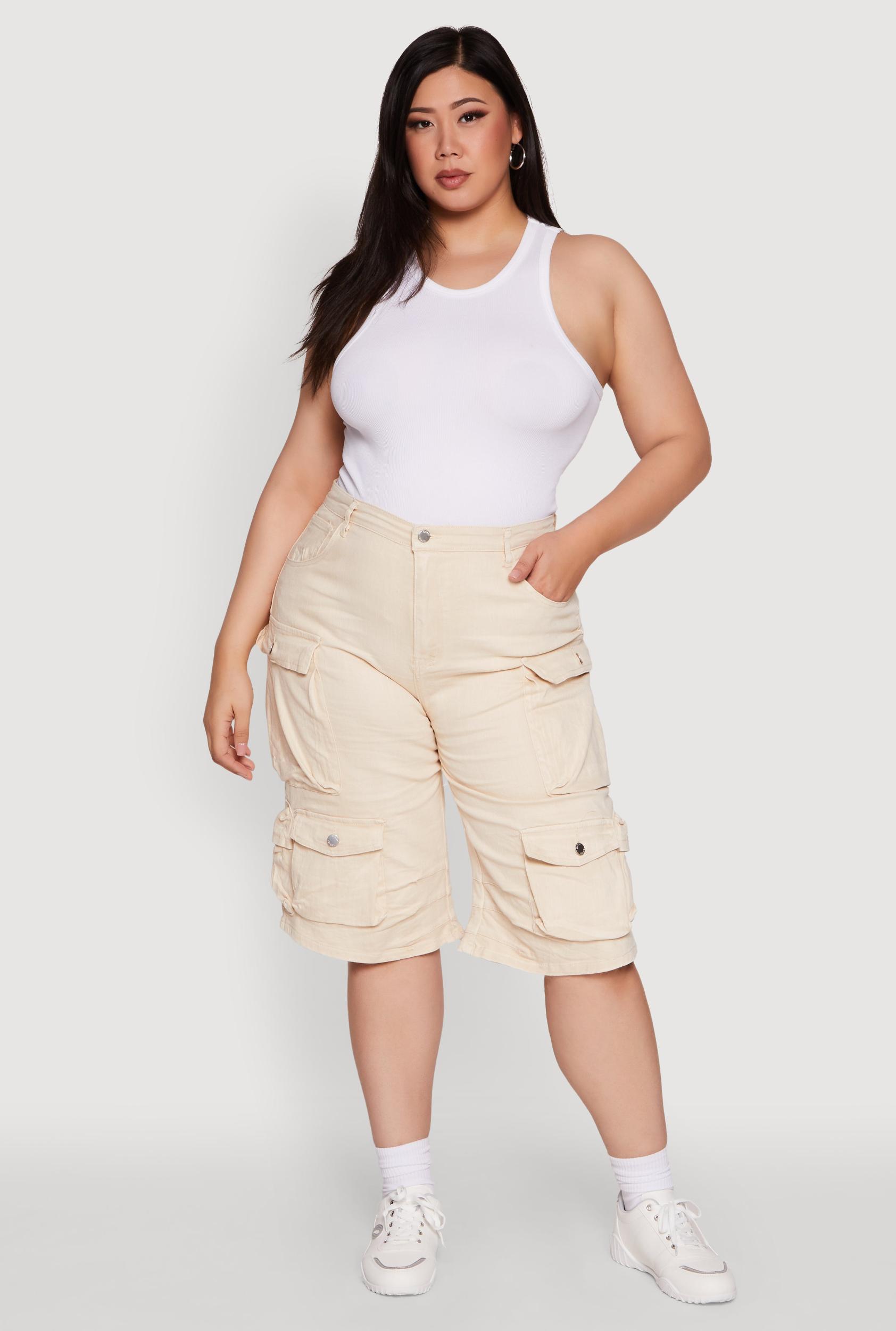 Womens Plus Size Daisy High Waisted Acid Wash Cargo Denim Shorts Product Image