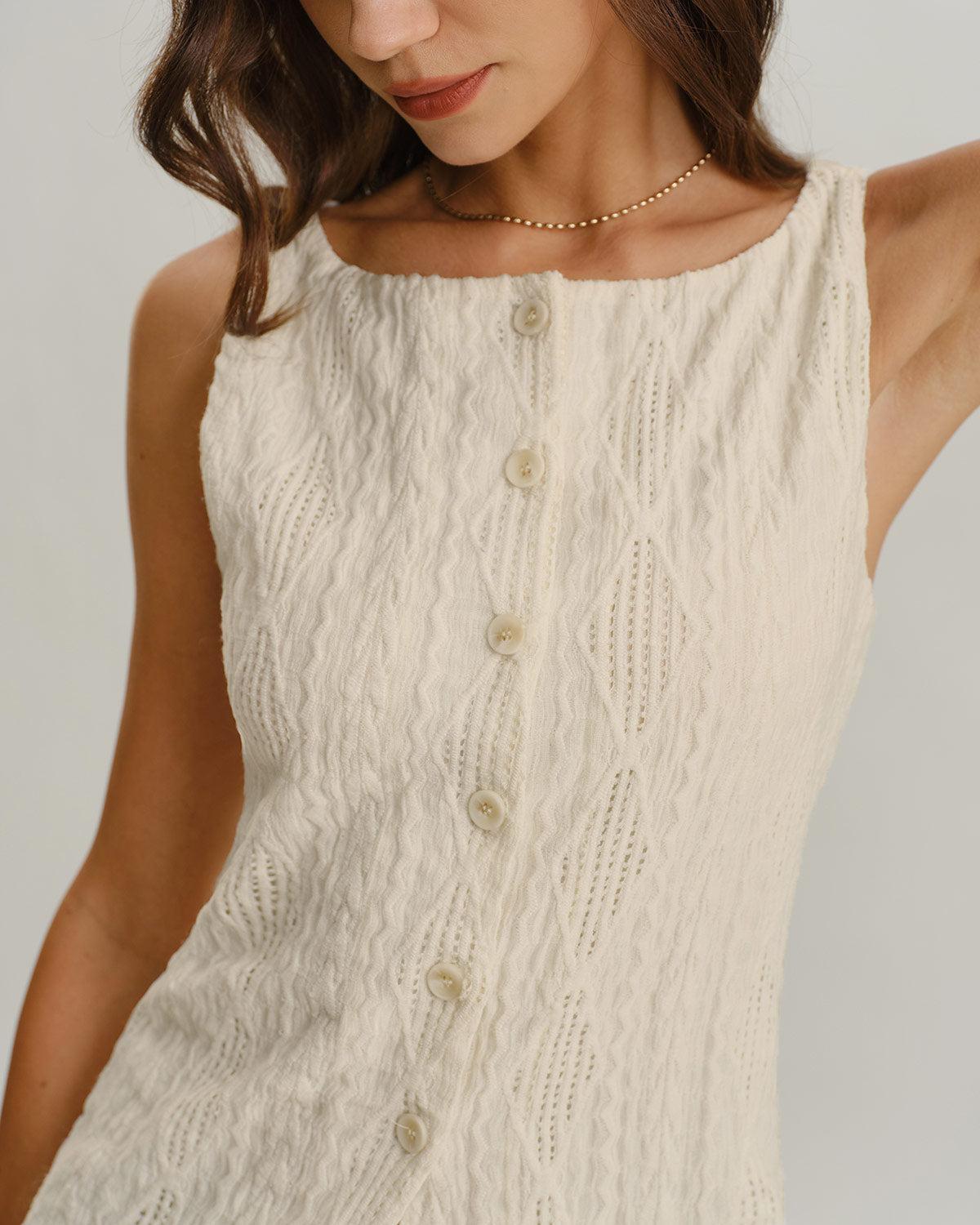 Beige Boat Neck Button Tank Top Product Image