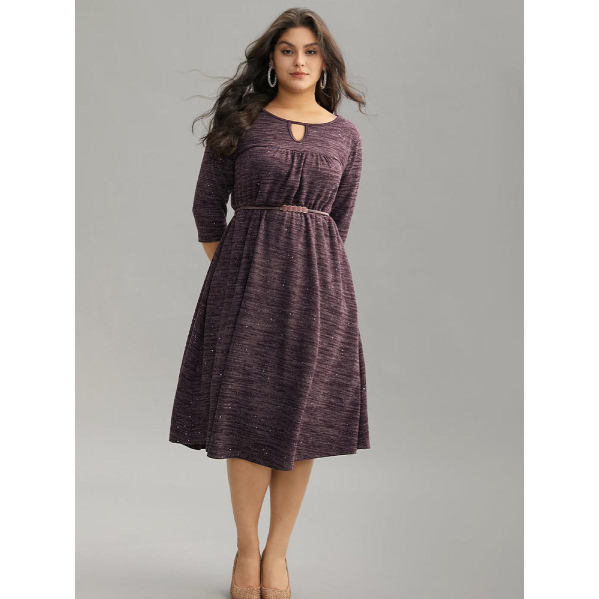 Plus Size Glitter Keyhole Gathered Elastic Waist Dress Purple Women Elegant Rib Knit Keyhole Cut-Out Elbow-length sleeve Curvy Midi Dress BloomChic 26/4X Product Image