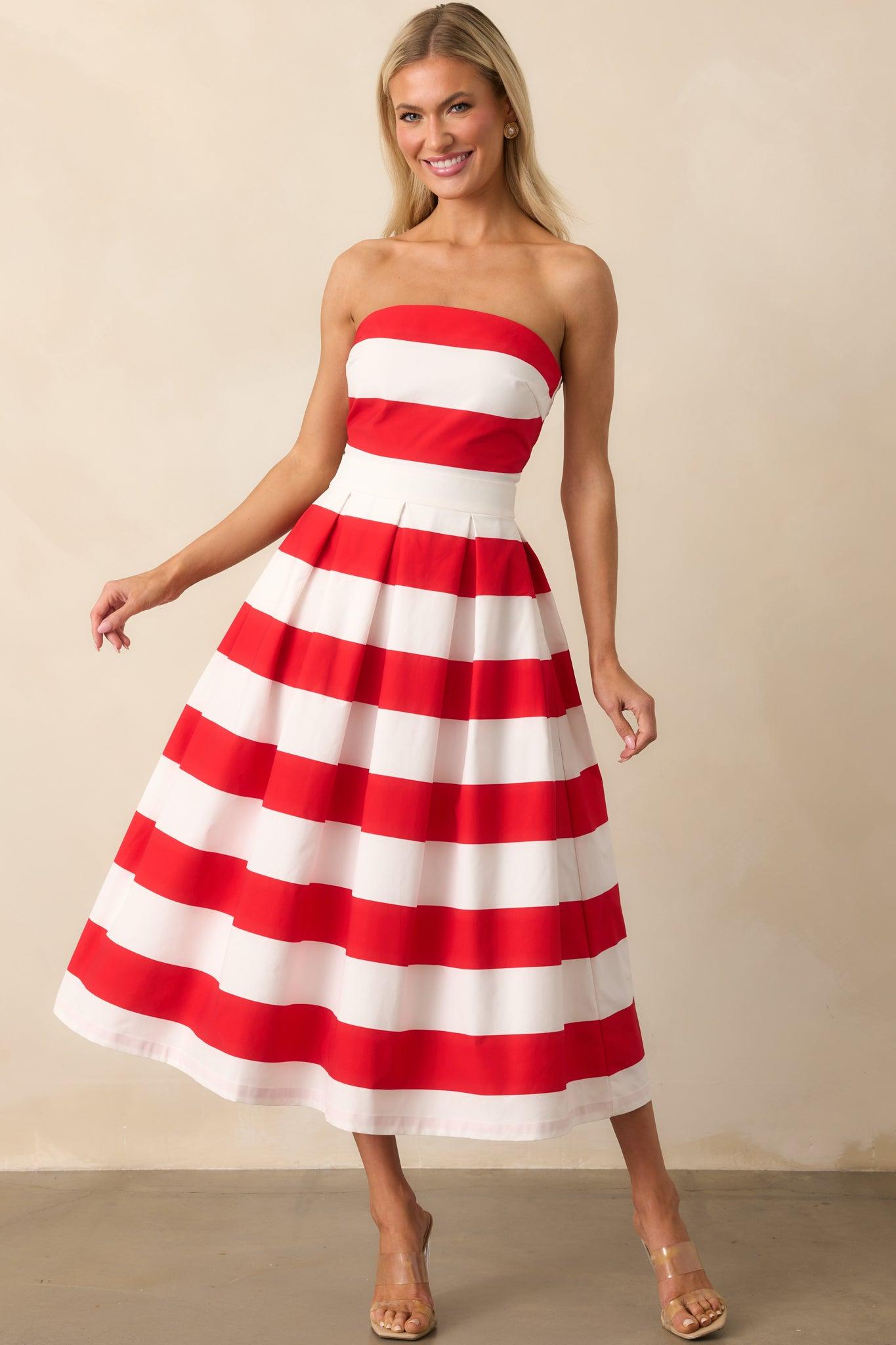Crisp Contrast Red Stripe Strapless Midi Dress Product Image
