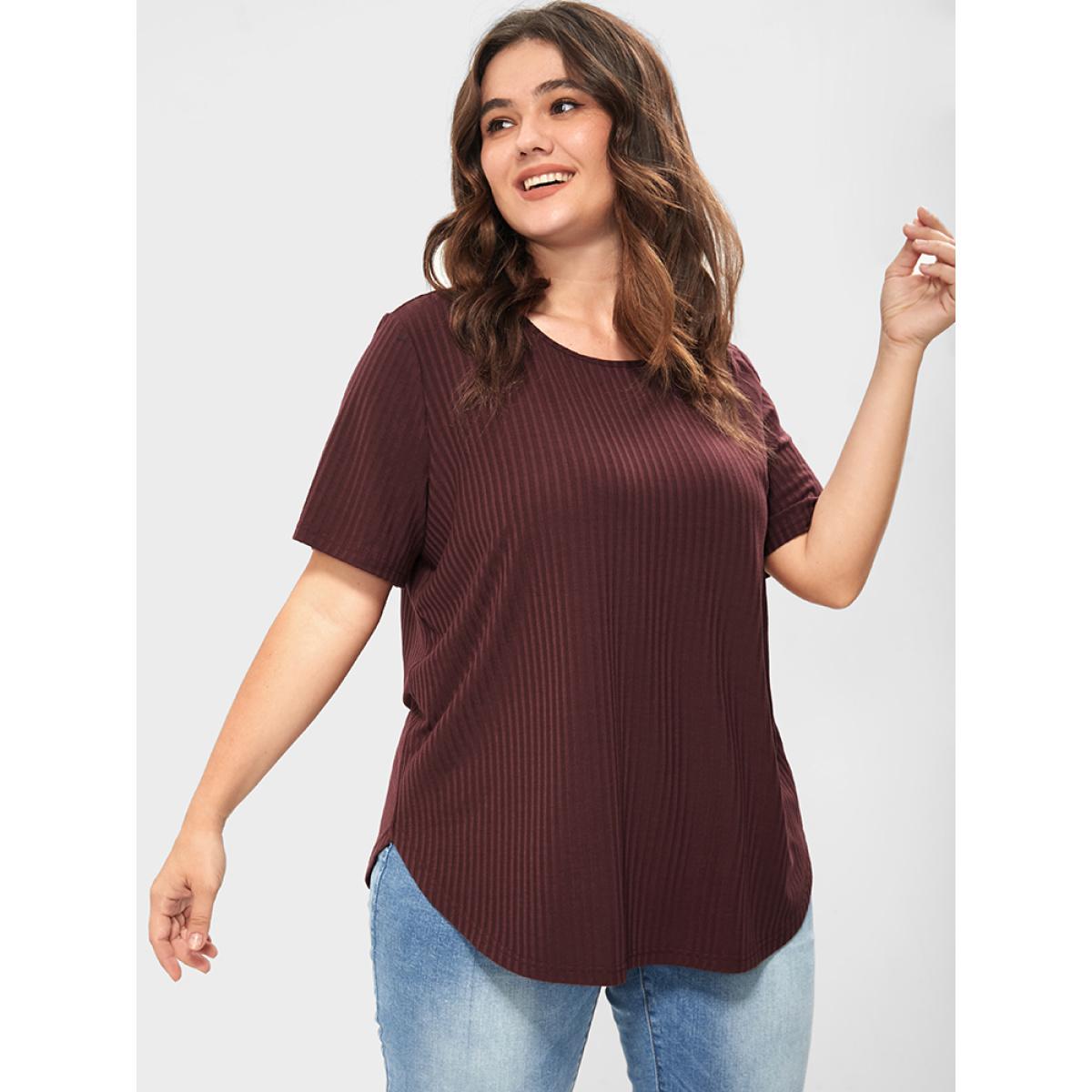 Plus Size Plain Button Back Rib Knit Tee Burgundy Women Elegant Button Plain Round Neck Dailywear T-shirts BloomChic 10/M Product Image