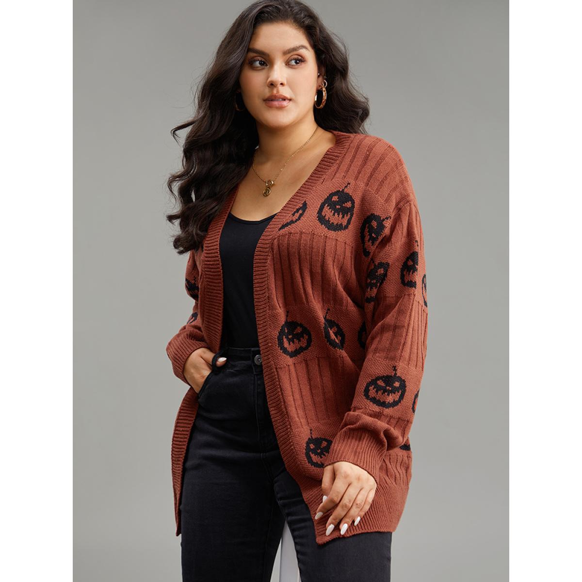 Plus Size Halloween Pumpkin Graphic Open Front Cardigan Rust Women Casual Loose Long Sleeve Festival-Halloween Cardigans BloomChic 22-24/3X Product Image