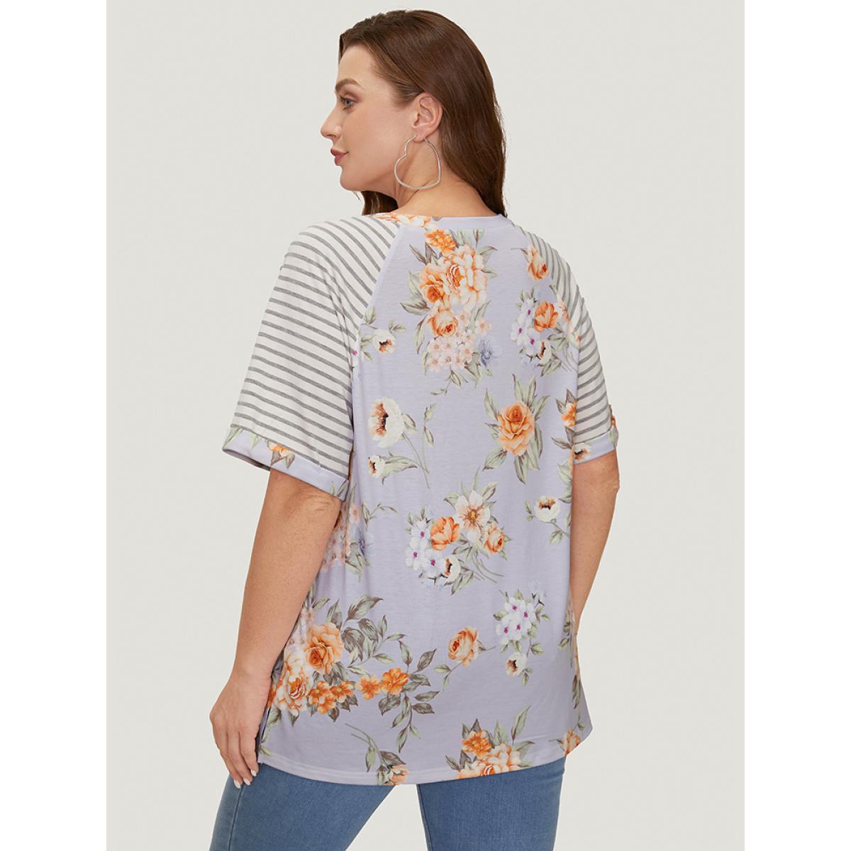 Plus Size Floral & Striped Print Patchwork Roll Raglan Sleeve T-shirt Lavender Women Elegant Patchwork Striped Round Neck Dailywear T-shirts BloomChic 18-20/2X Product Image