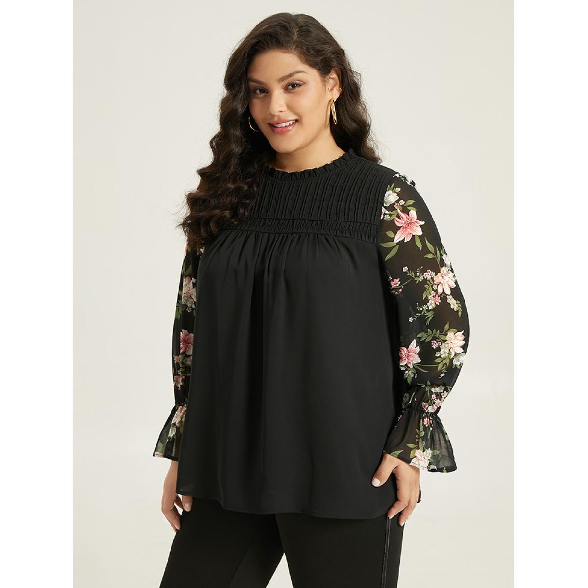 Plus Size Black Twill Floral Patchwork Shirred Mesh Frill Trim Blouse Women Elegant Long Sleeve Stand-up collar Dailywear Blouses BloomChic 26/4X Product Image