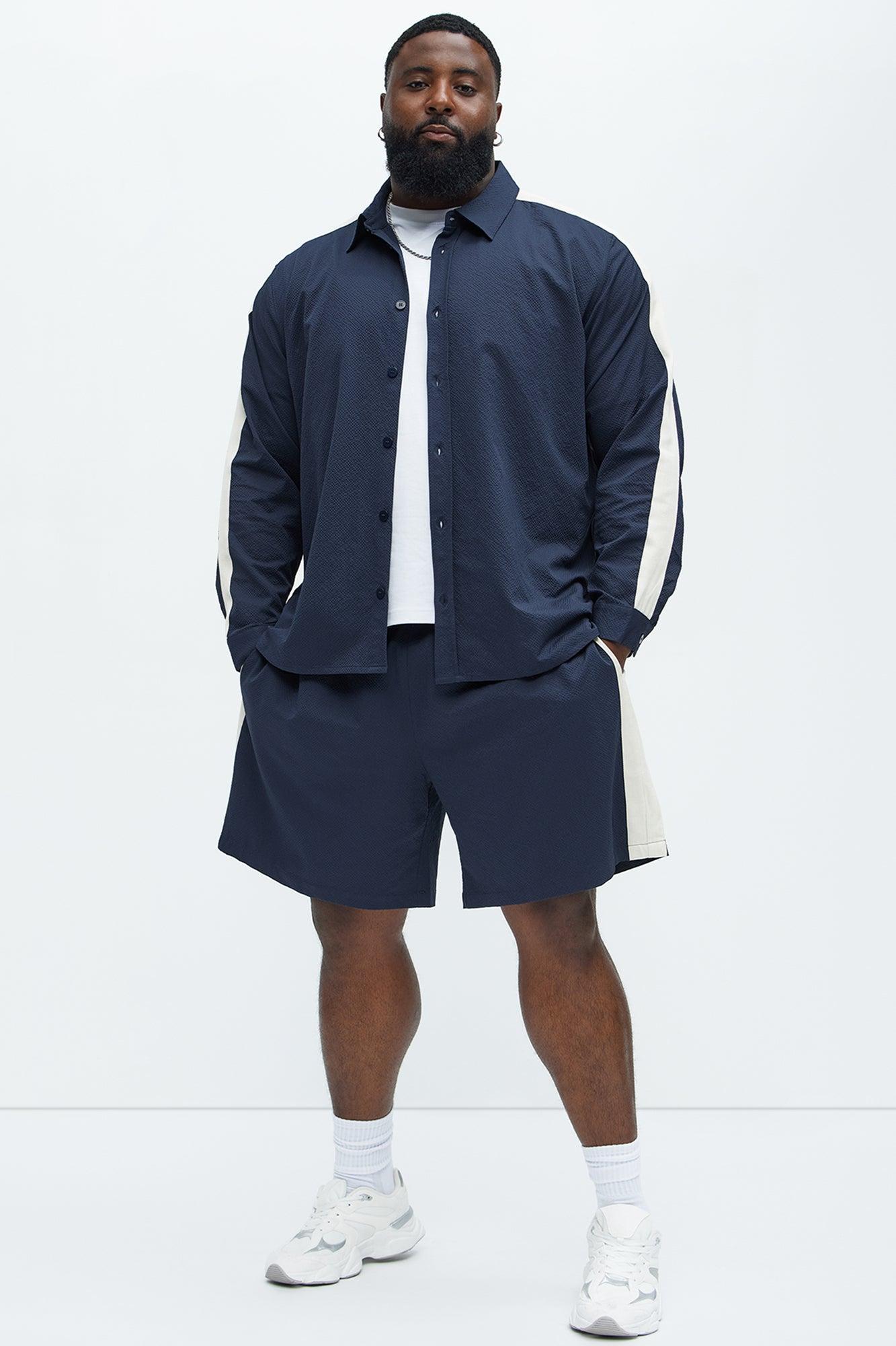 Crinkle Texture Taped Button Up - Navy Product Image