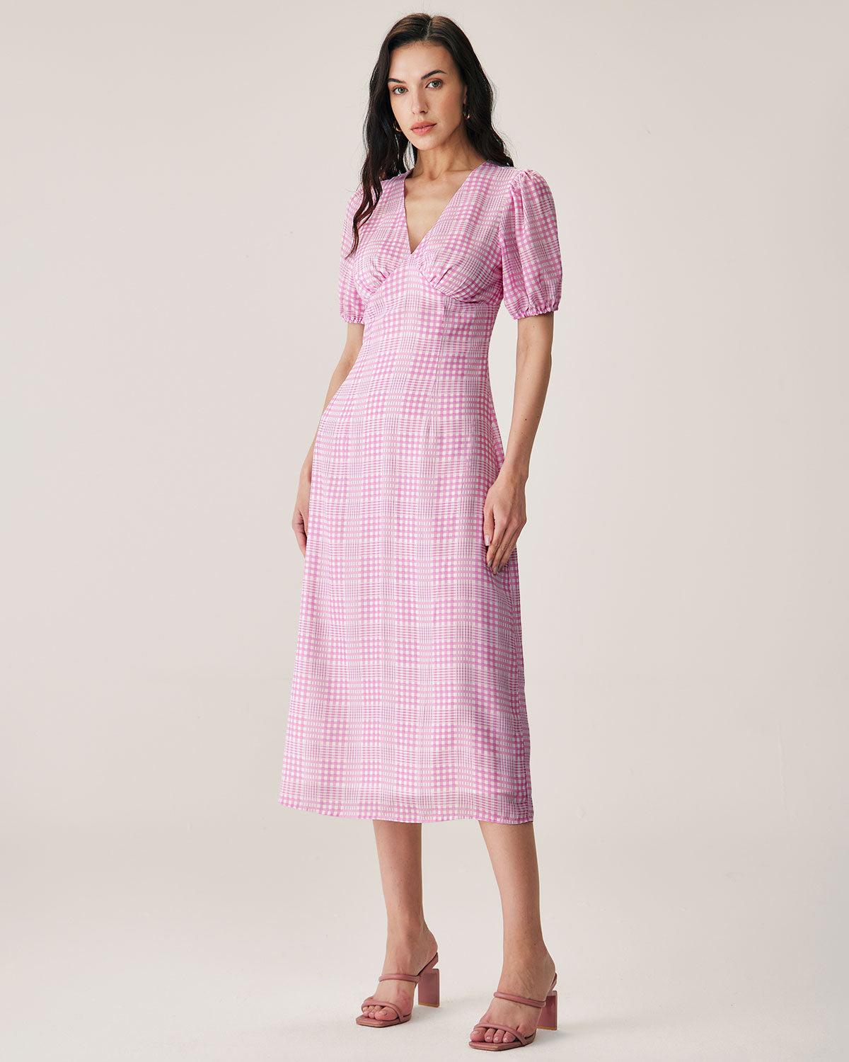 Pink Plaid V-Neck Midi Dress Product Image