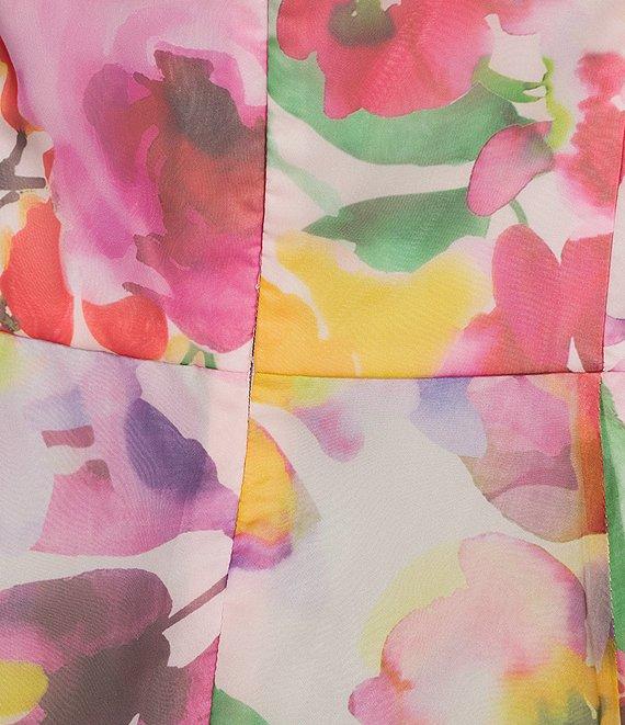 Adrianna Papell Plus Size Organza Collared V-Neck Sleeveless High-Low Hem Floral Print A-Line Dress Product Image