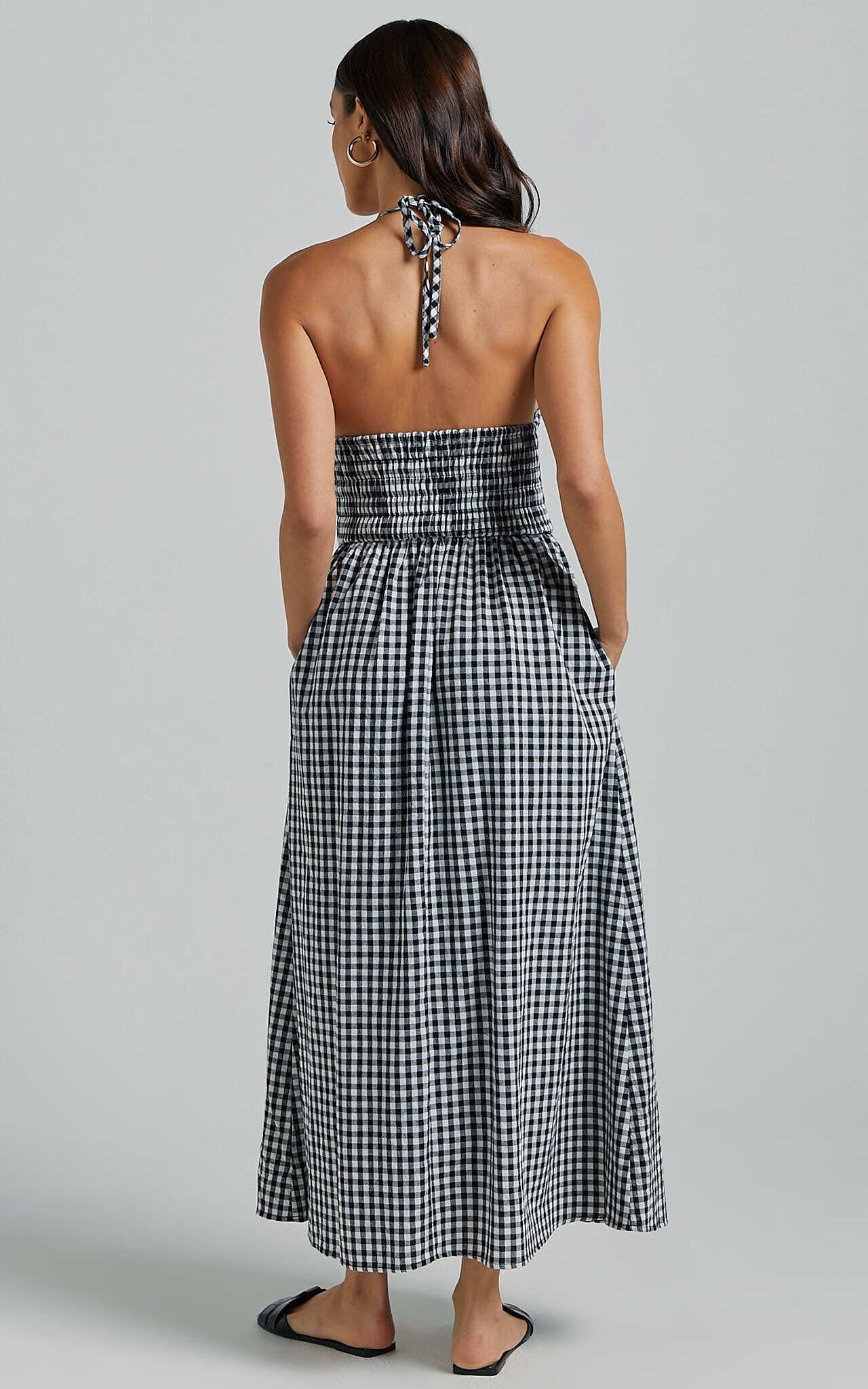 Aimie Midi Dress - Strappy Halter Neck Shirred Top in White Check Product Image