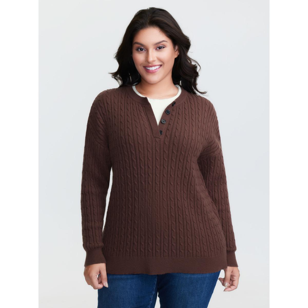 Plus Size Supersoft Cable Knit Henley Pullover Browncoffeecolor Women Leisure Loose Long Sleeve Round Neck Casual Pullovers BloomChic 18-20/2X Product Image