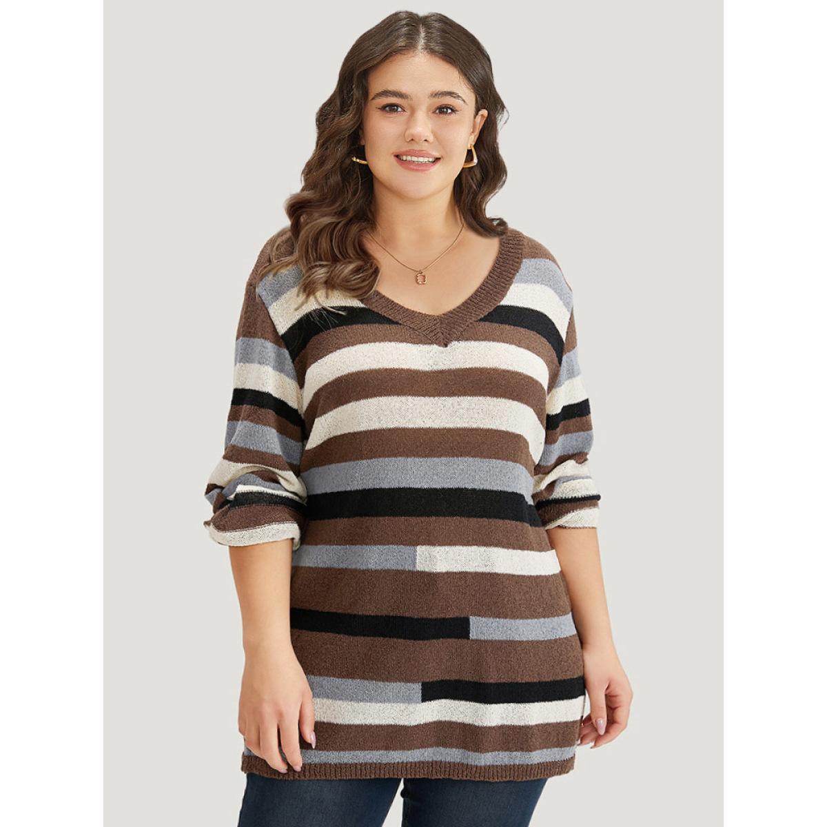 Plus Size Striped Colorblock Contrast V Neck Pullover Multicolor Women Casual Long Sleeve V-neck Dailywear Pullovers BloomChic 14-16/1X Product Image