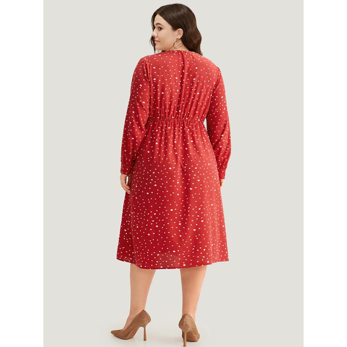 Plus Size Polka Dot Button Detail Pleated Dress Crimson Women Elegant Printed V-neck Long Sleeve Curvy Midi Dress BloomChic 26/4X Product Image