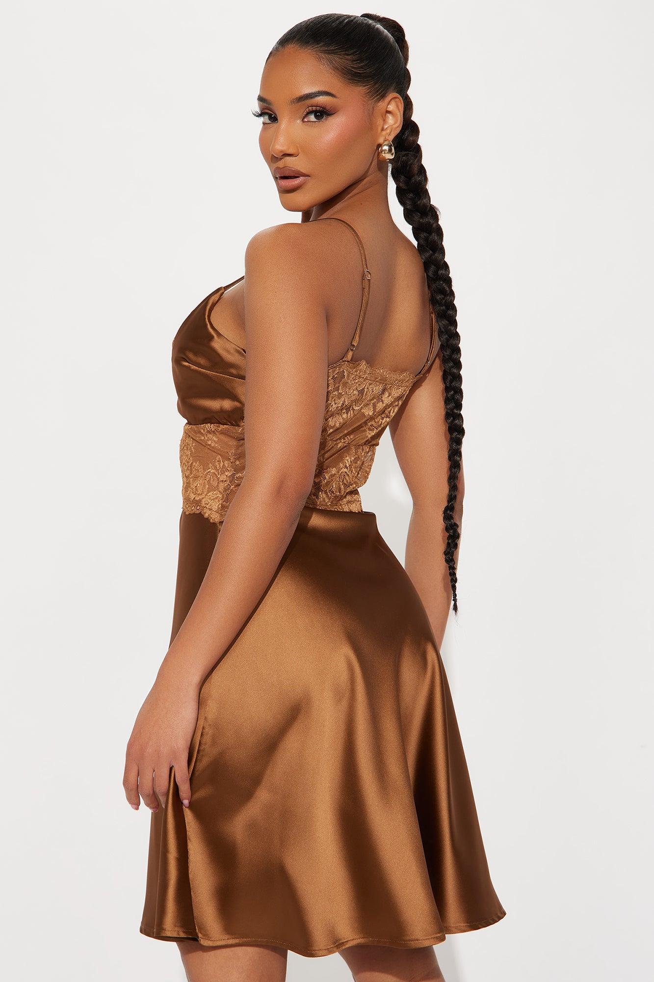 Whimsy Satin Lace Mini Dress - Brown Product Image