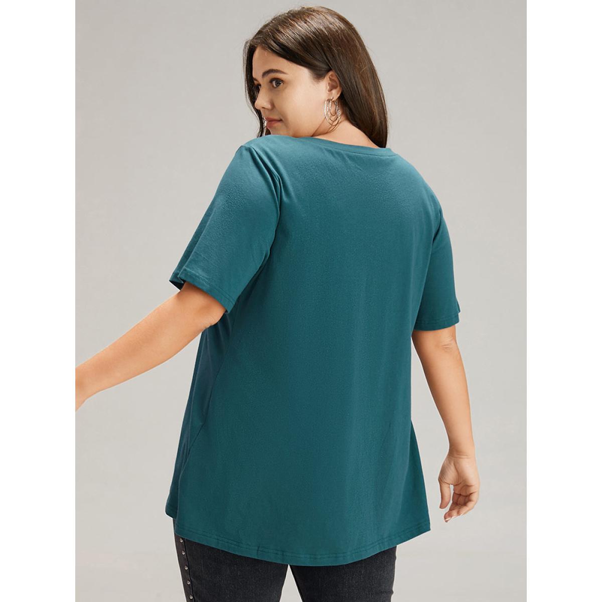 Plus Size Cotton Plain V Neck Basic T-shirt DarkSlateGray Women Casual Plain Plain V-neck Dailywear T-shirts BloomChic 30/6X Product Image