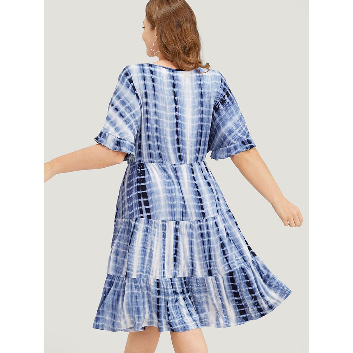 Plus Size Tie Dye Dolman Sleeve Pocket Ruffle Tiered Dress DarkBlue Women Casual Pocket Round Neck Short sleeve Curvy Knee Dress BloomChic 12/L Product Image