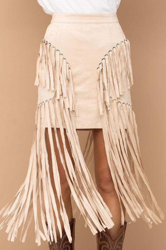 Colette Faux Suede Eyelet Long Fringe Mini Skirt Product Image