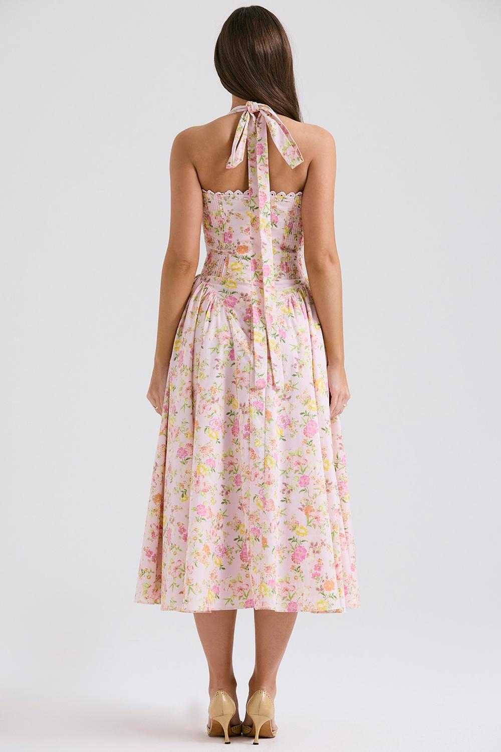 Adabella  pink meadow print cotton halter midi sundress Product Image