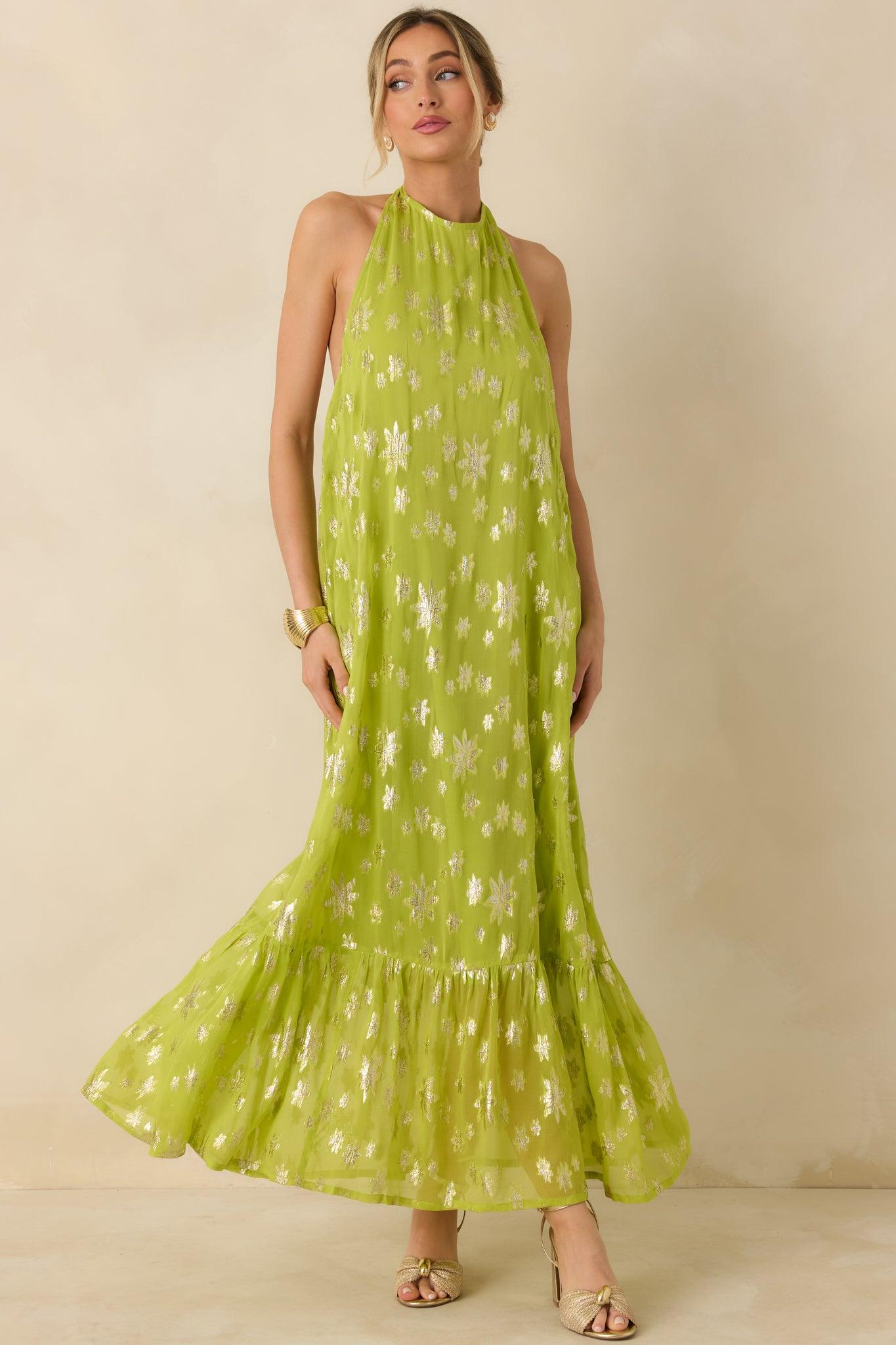 Glow With Grace Chartreuse Metallic Floral Halter Maxi Dress Product Image