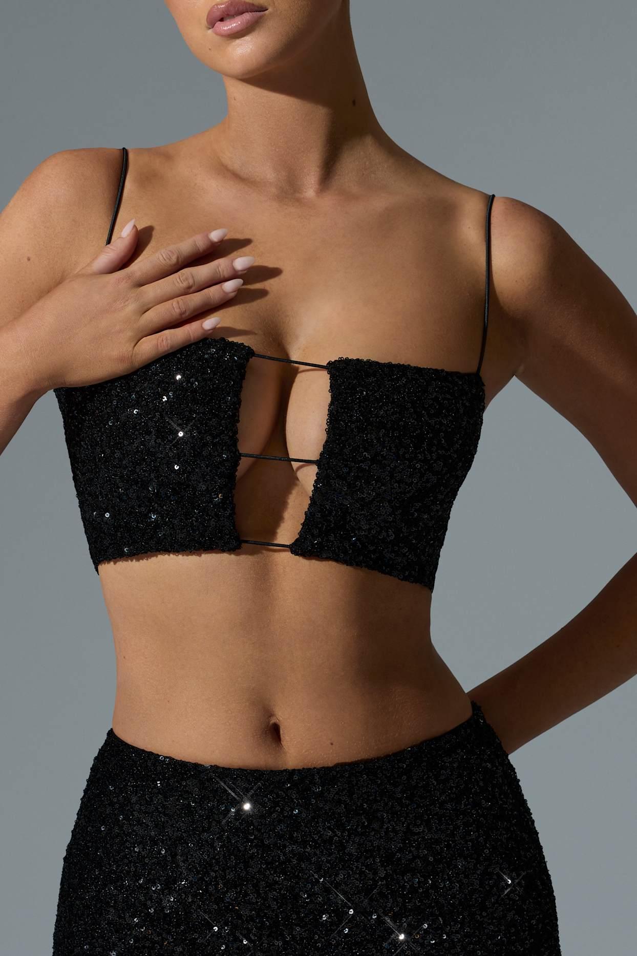 Embellished Cut-Out Crop Top in Black Product Image