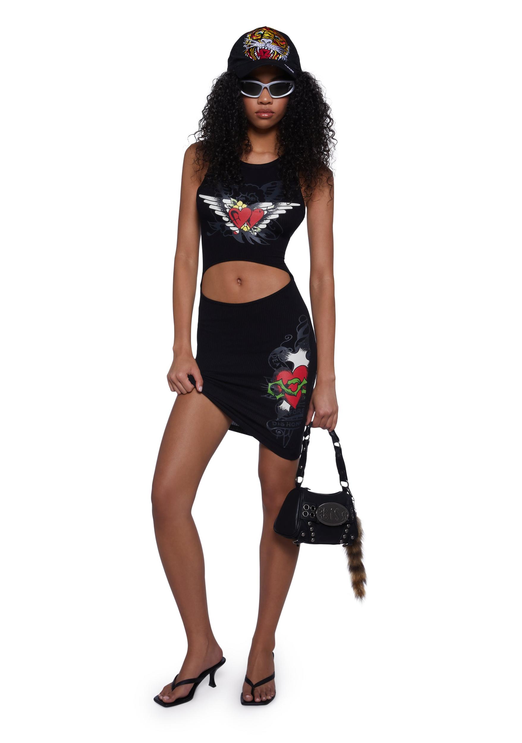 Ed Hardy Heart Wings Cut Out Ribbed Tank Dress - Black Product Image