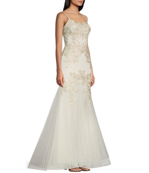 Blondie Nites Mesh Illusion Applique Scoop Neck Spaghetti Strap Tie Back Gown Product Image