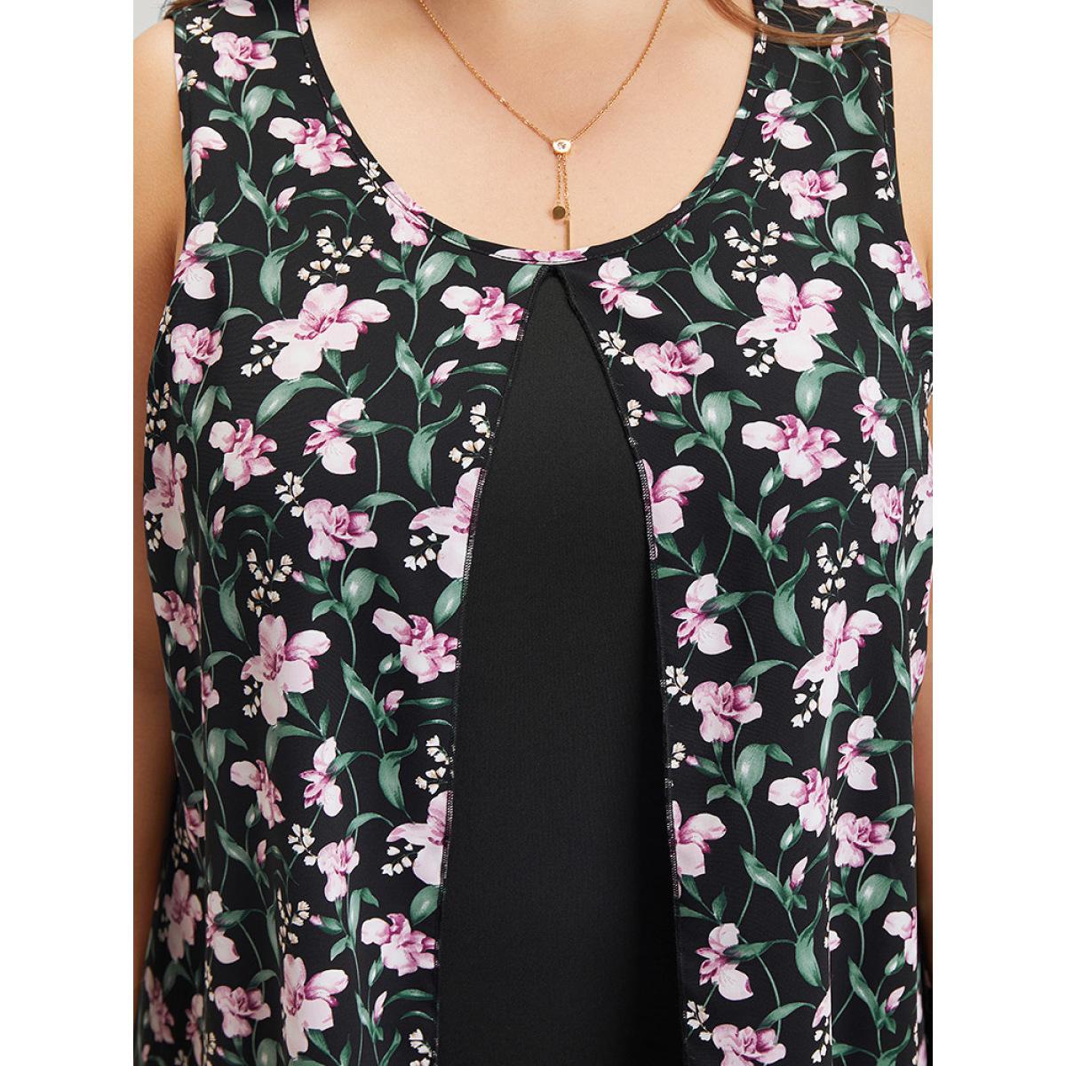 Plus Size Floral Patchwork Round Neck Split Hem Tank Dress BlackFlower Women Elegant Patchwork Round Neck Sleeveless Curvy Knee Dress BloomChic 14-16/1X Product Image