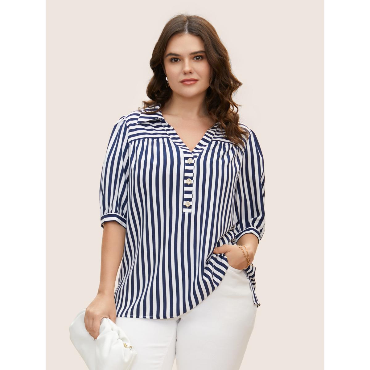 Plus Size DarkBlue Striped Notched Collar Lantern Sleeve Blouse Women Workwear Essentials Short sleeve Notched collar Work Blouses BloomChic 10/M Product Image