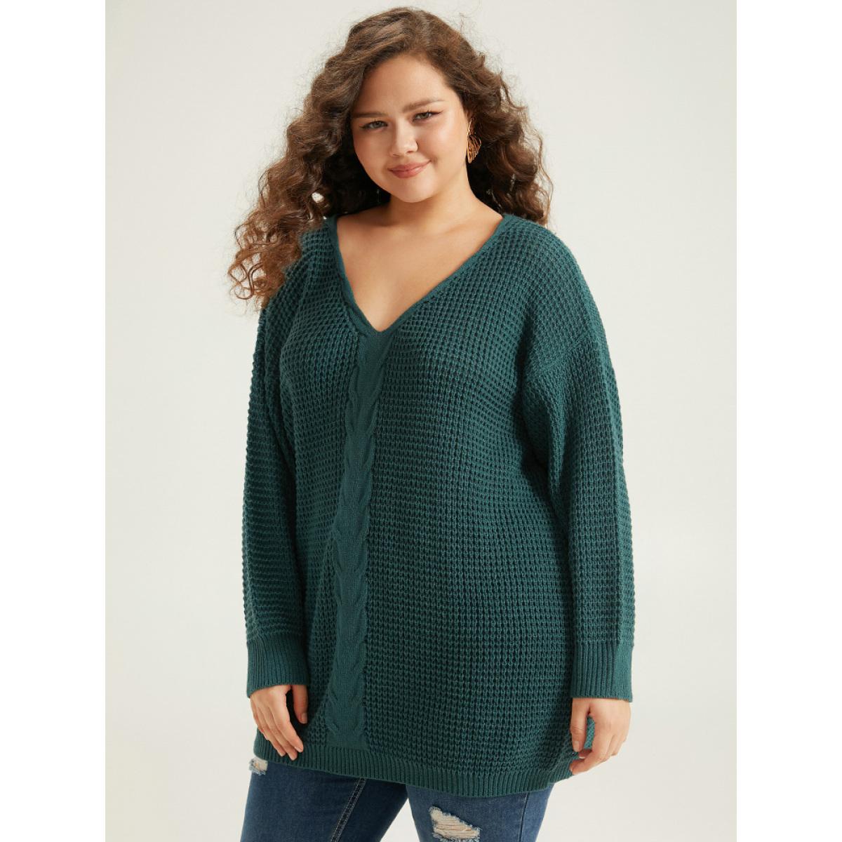 Plus Size Cable Knit Plain Elastic Cuffs Pullover Cyan Women Casual Loose Long Sleeve V-neck Dailywear Pullovers BloomChic 18-20/2X Product Image