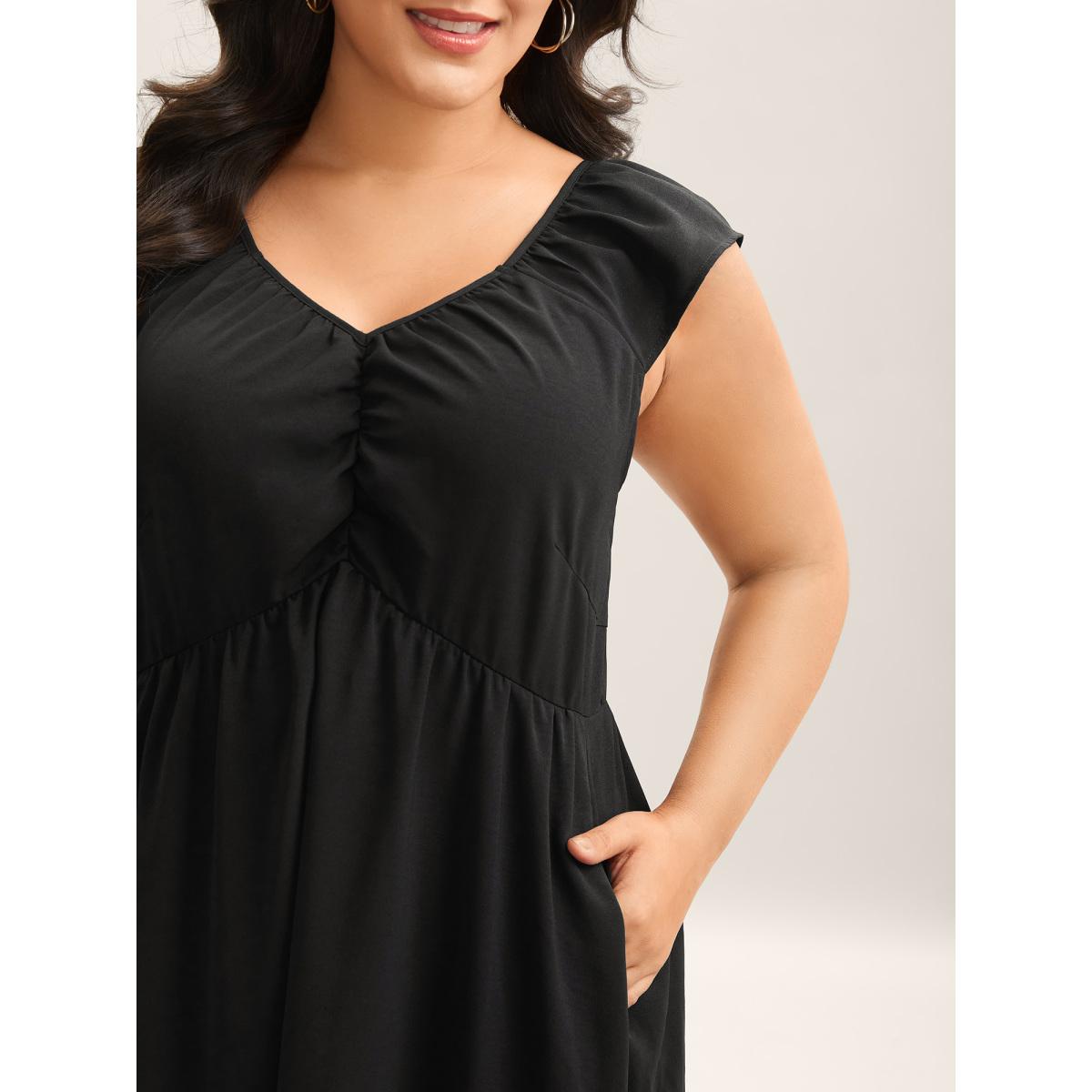 Plus Size Ruched Pleated Plain Flutter Sleeve Maxi Dress Black Women V-neck Sleeveless Curvy BloomChic 12/L Product Image