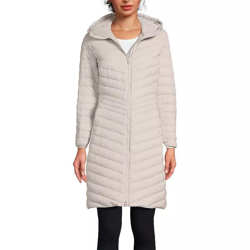 Women's Lands' End Hooded Wanderweight Ultralight Packable Long Down Coat, Size: Large, Dusk Gray Product Image