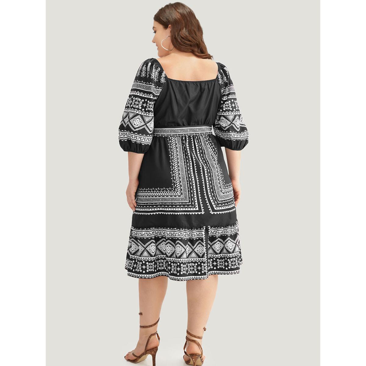 Plus Size Boho Print Square Neck Belted Dress Black Women Vacation Elastic cuffs Square Neck Elbow-length sleeve Curvy Midi Dress BloomChic 30/6X Product Image
