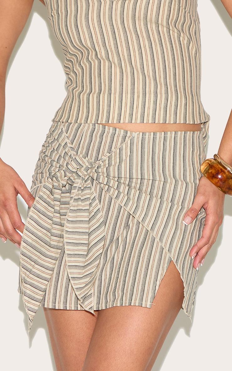 Stone Pinstripe Cotton Knot Front Mini Skirt Product Image